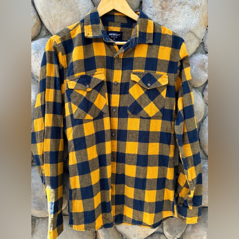 Architect Jean Co. Yellow and Navy Plaid Flannel Button Down Shirt